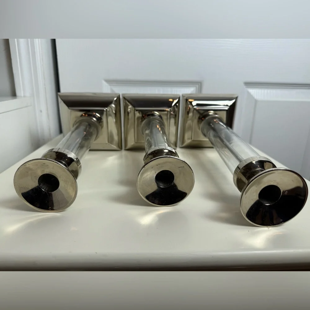 Pottery Barn Amelia Glass & Chrome Candlestick Holder Set of 3 Candle Holders